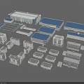 Various Types Of Industrial Factory Buildings With Blue Roofs And Complex Layout