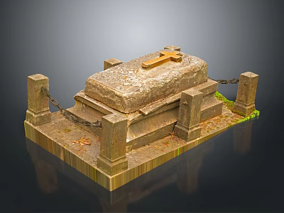 Historic Stone Tomb Scenery With Cross Pillars Chain And Moss Covered Base 3d model