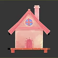 Pink Miniature House Model With Sloped Roof Red Door And Chimney