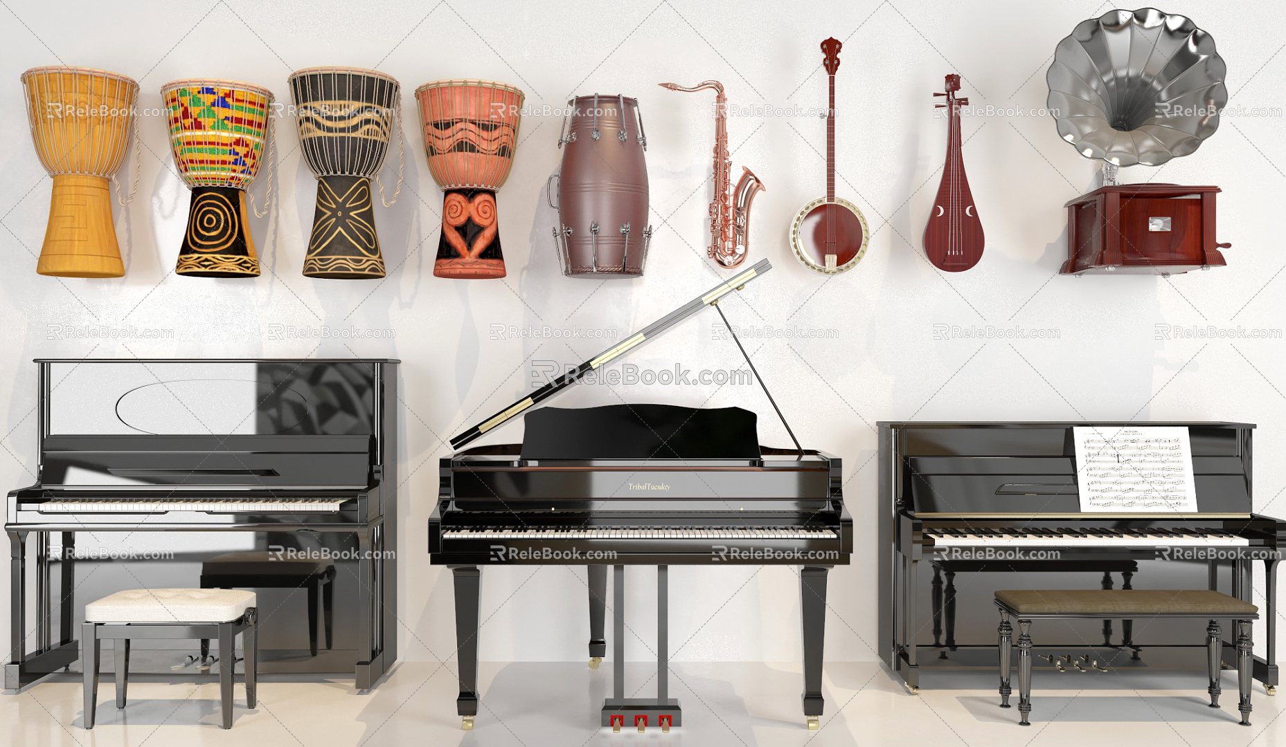 Modern Instrument Piano Bei Drum Instrument Combination 3d model