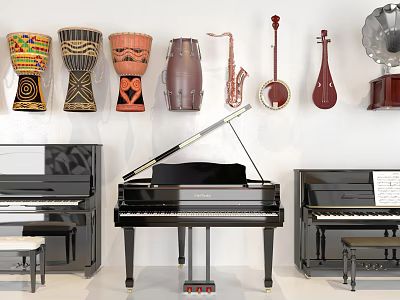 Decorative Musical Instruments Collection with Grand Pianos Colorful Drums Saxophone and Wall 3d model