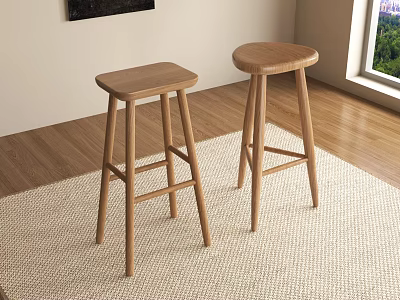 Two Light Wood Bar Stools On Woven Rug In Room With Wooden Floor And Window 3d model