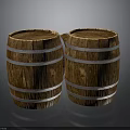 Two Wooden Barrels With Metal Hoops On Dark Reflective Background