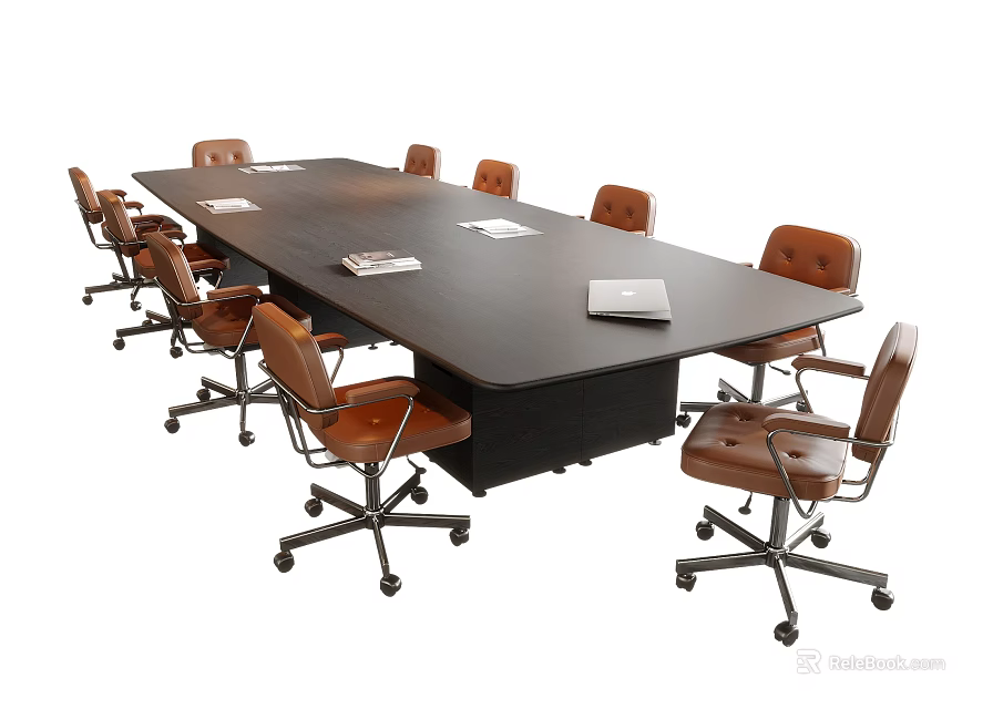 Large Dark Wooden Conference Table With Brown Leather Swivel Office Chairs For Modern Business Meetings 3d model 