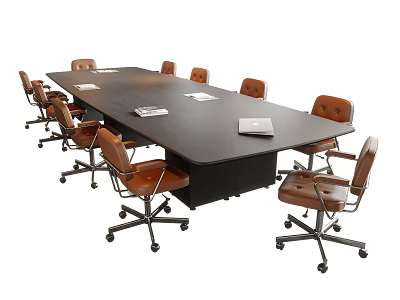 Large Dark Wooden Conference Table With Brown Leather Swivel Office Chairs For Modern Business Meetings 3d model