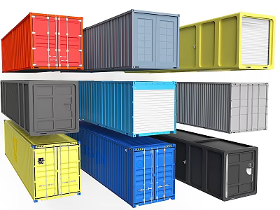 Shipping Containers In Various Colors Stacked Together With Different Door Styles 3d model