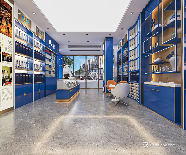 Blue Themed Specialty Store Interior With Shelves Display Cabinets White Chairs And City View 3d model 