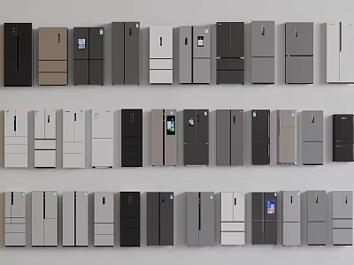 Various Colors and Styles of Refrigerators and Freezers Neatly Arranged in 3d model