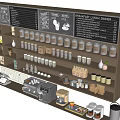 Organized Display Shelves In Coffee Shop With Coffee Beans Cups And Menu Board