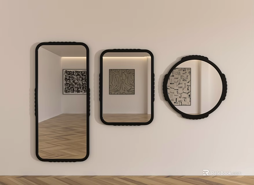 Three Different Shaped Mirrors Hanging On Wall With Black Frames Reflecting Artworks And Wooden Floors 3d model 