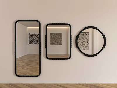 Three Different Shaped Mirrors Hanging On Wall With Black Frames Reflecting Artworks And Wooden Floors 3d model