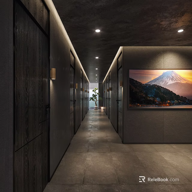 Modern Hotel Corridor With Large Sunset Mountain Painting Recessed Lighting And Plants At End 3d model 