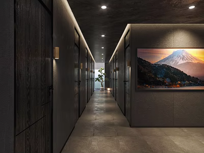 Modern Hotel Corridor With Large Sunset Mountain Painting Recessed Lighting And Plants At End 3d model