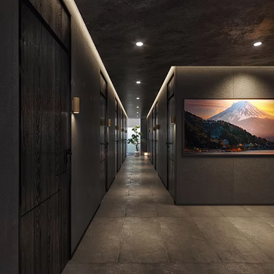 Modern Hotel Corridor With Large Sunset Mountain Painting Recessed Lighting And Plants At End 3d model