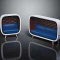 Modern Sofa Set With White Frame Blue Cushions Quilted Backrest And Wooden Legs