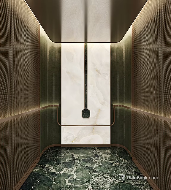 Luxurious Elevator Lobby With Marble Wall Panel And Metal Frame Recessed Lighting Marble Flooring 3d model 