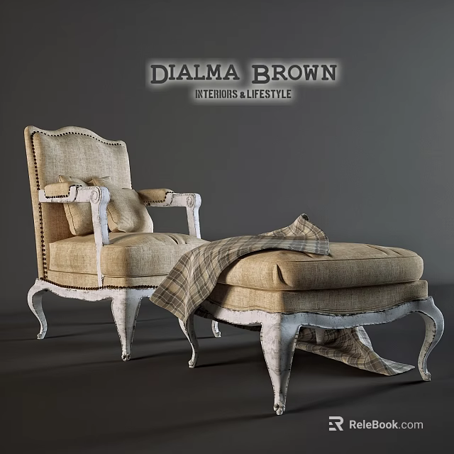 Elegant Beige Armchair With Plaid Blanket Ottoman And White Carved Legs 3d model 