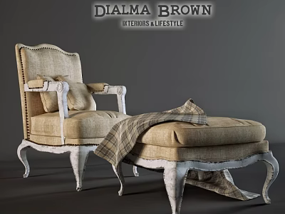 Elegant Beige Armchair With Plaid Blanket Ottoman And White Carved Legs 3d model