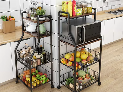 Multi Tier Kitchen Storage Racks With Fruits Vegetables Spices And Microwave 3d model