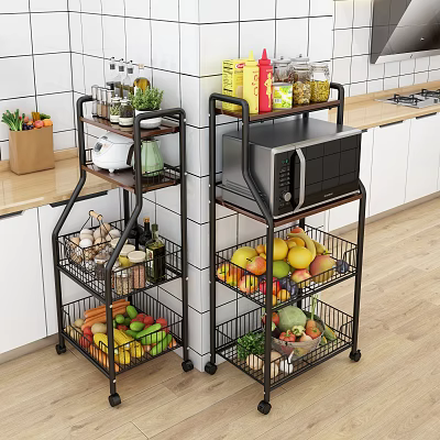 Multi Tier Kitchen Storage Racks With Fruits Vegetables Spices And Microwave 3d model