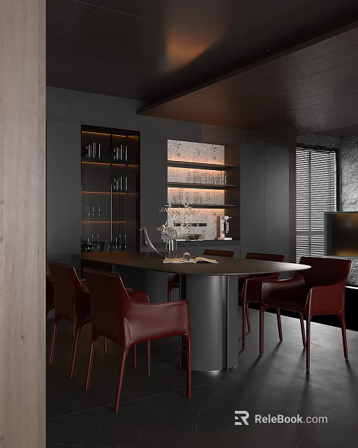 Elegant Modern Restaurant Interior with Black Cabinets Wine Rack and Red Leather Chairs 3d model 