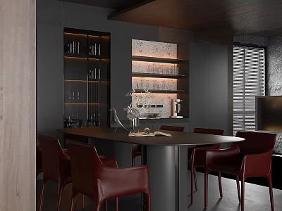 Elegant Modern Restaurant Interior with Black Cabinets Wine Rack and Red Leather Chairs 3d model