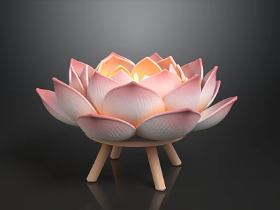 Lotus Shaped Decorative Ornament Set With Pink White Petals And Wooden Stand Light 3d model
