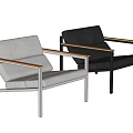 Light Gray Linen Accent Chair With Wooden Armrests And Metal Frame Upholstered Design