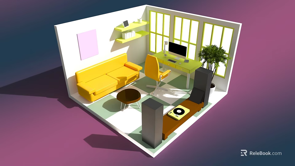 Cartoon Room Interior Scene With Yellow Sofa Chair Computer Desk TV Potted Plant And Window 3d model 