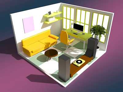 Cartoon Room Interior Scene With Yellow Sofa Chair Computer Desk TV Potted Plant And Window 3d model