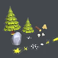 Natural Outdoor Elements With Pine Trees Rock Logs Hay Small Stones And Grass