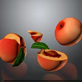 Fresh Red Peaches With Sliced Halves And Green Leaves On Dark Background