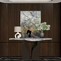Stylish Console Table With Marble Top Table Lamp Glass Vase Flowers And Abstract Wall Art