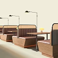 Public Bench Seating With Wooden Frames Brown Leather And Floor Lamps In Indoor Space