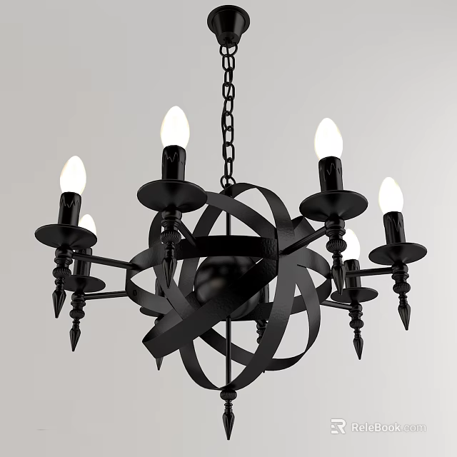 Elegant Black Metal Chandelier With Hanging Chain Candle Style Bulbs And Spiral Arms 3d model 