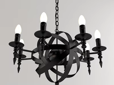 Elegant Black Metal Chandelier With Hanging Chain Candle Style Bulbs And Spiral Arms 3d model