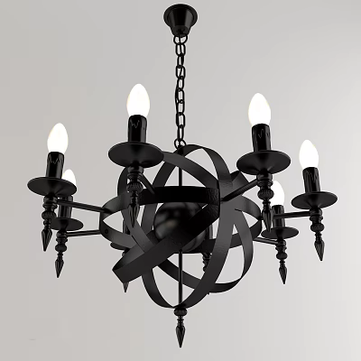 Elegant Black Metal Chandelier With Hanging Chain Candle Style Bulbs And Spiral Arms 3d model