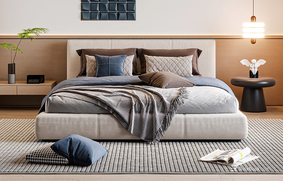 Elegant Modern Double Bed with Beige Headboard Blue Pillows Gray Blanket Rug and Green Plant 3d model 