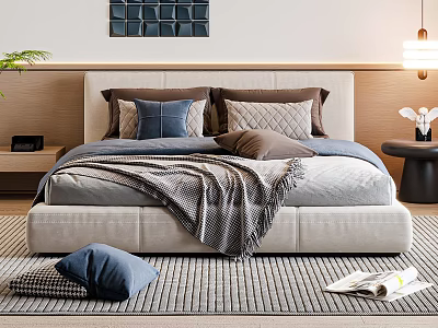 Elegant Modern Double Bed with Beige Headboard Blue Pillows Gray Blanket Rug and Green Plant 3d model