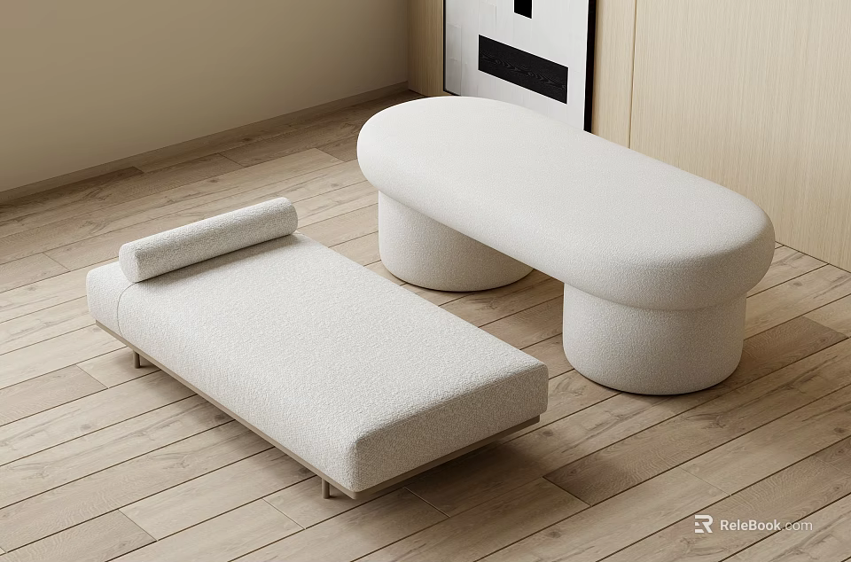 Soft Upholstered White Sofa Bench With Modern Curved Design For Indoor Wooden Floor Space 3d model 