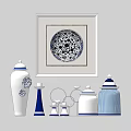 Blue And White Decorative Ornaments Set With Framed Painting Various Shaped Jars And Decorative Pieces
