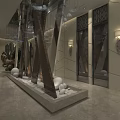 Modern Luxury Sales Office Lobby Featuring Marble Floor Art Installation Chandelier And Glass Partition
