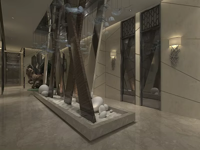 Modern Luxury Sales Office Lobby Featuring Marble Floor Art Installation Chandelier And Glass Partition 3d model