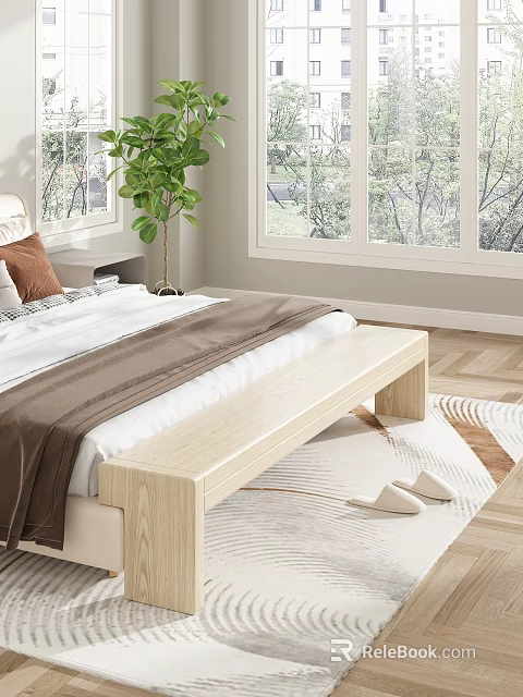 Modern Bedroom Interior With Wooden Bed Bench Beside Bed And Area Rug 3d model 