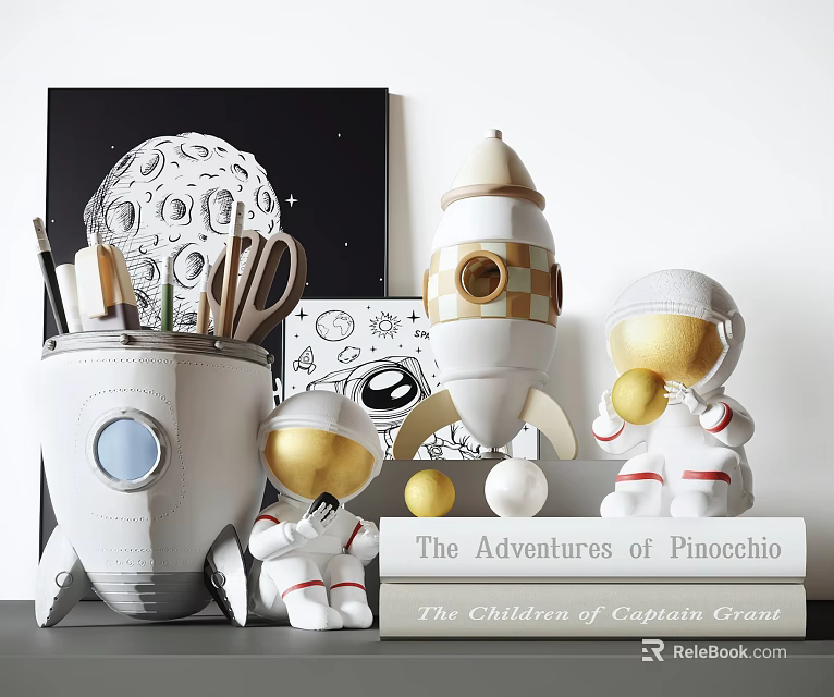 Space Decorative Ornament Set With Astronaut Figurines Rocket Decor Moon Print Pencil Holder And Books 3d model 