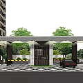 Modern Entrance Gate Between High Rise Buildings With Trees And Green Plants
