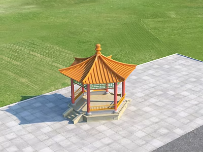 Traditional Chinese Pavilion with Orange Roof Red Pillars on Green Lawn and Square Stone Pavement 3d model