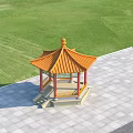 Traditional Chinese Pavilion with Orange Roof Red Pillars on Green Lawn and Square Stone Pavement