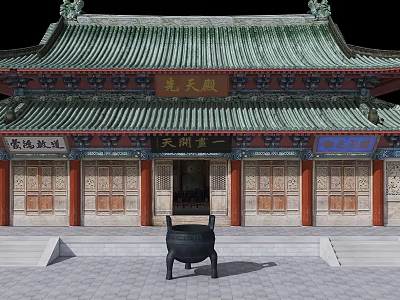 Traditional Chinese Ancient Architecture With Green Glazed Roof Ornate Eaves And Front Black Incense Burner 3d model