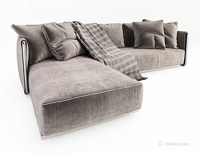 Modern Gray Sectional Sofa With Plaid Blanket And Throw Pillows 3d model